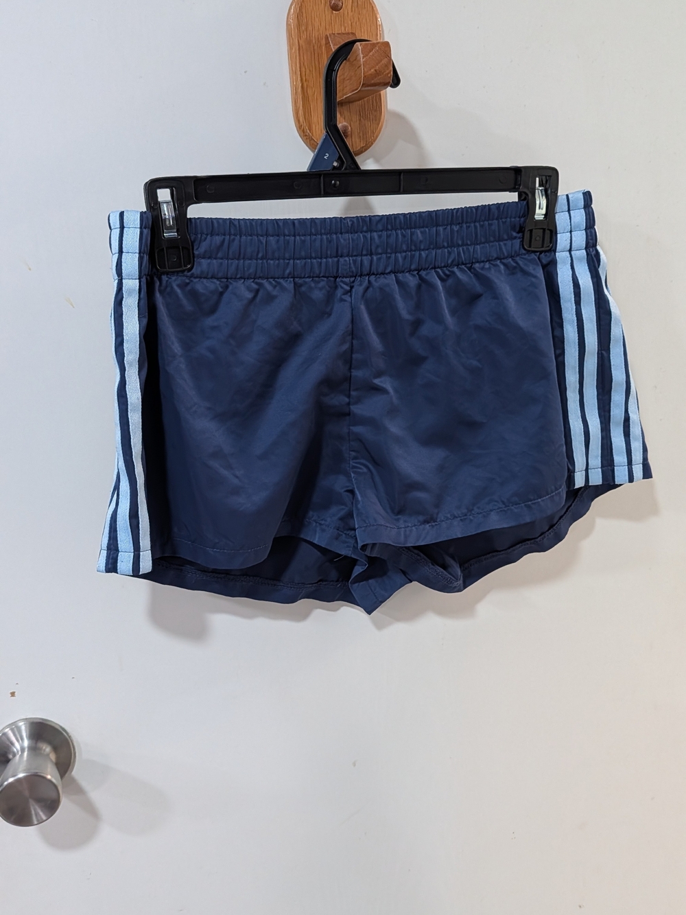 Edikted Navy Athletic Shorts with Light Blue Side Stripes